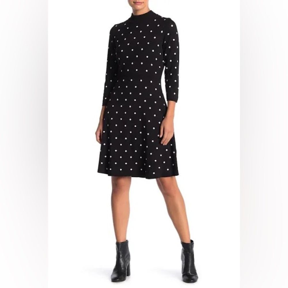 Julia Jordan Black White Polka Dot Fit Flare Knit Sweater Mock Neck Dress Sz L